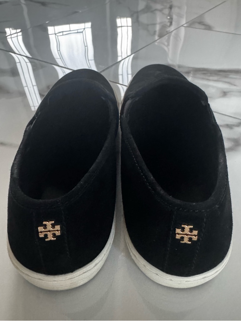 Tory Burch Black Suede Slip-On Sneakers with Gold Logo Accent